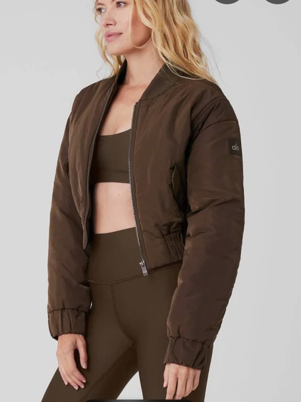 ALO Yoga Cropped Bomber Jacket in Espresso